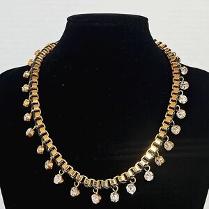 Goldtone Box Chain with Leather Weave and Clear Rhinestone Necklace